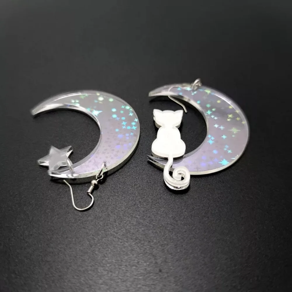 Cat on a Crescent Moon Acrylic Statement Earrings